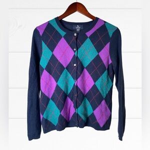 Purple & Green Argyle Button up Cardigan 100% Cashmere Soft Knit Lands End